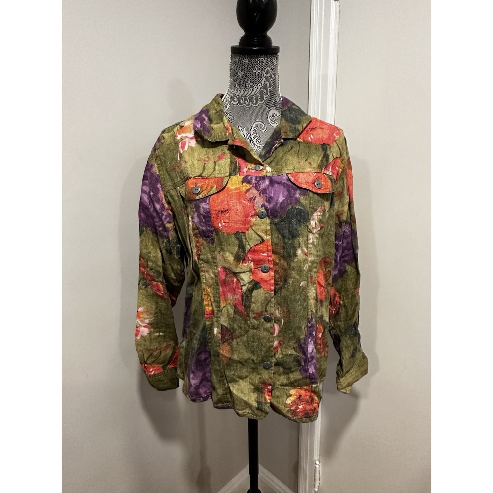 Chico's Boho Watercolor Floral Linen Jacket Sz:2 Multicolor Art to Wear Woven